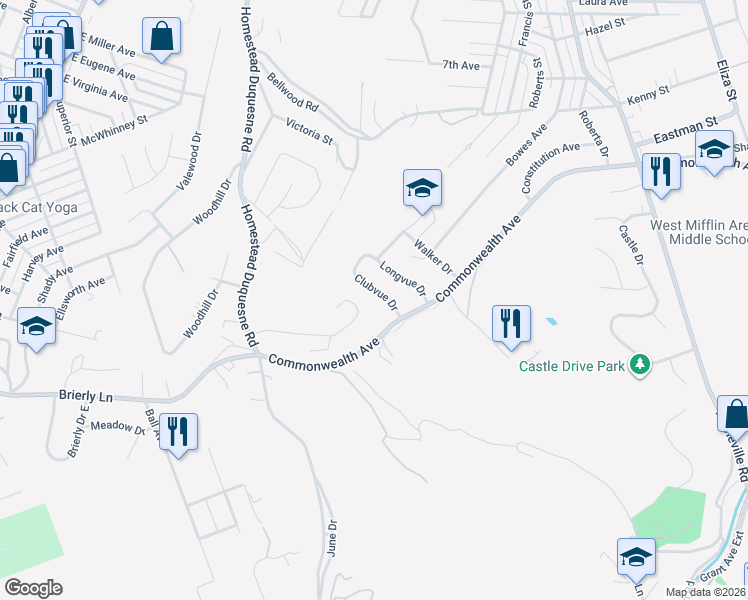 map of restaurants, bars, coffee shops, grocery stores, and more near 240 Bellwood Drive in West Mifflin