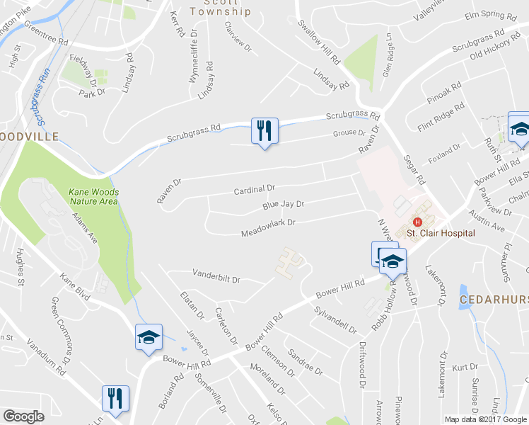 map of restaurants, bars, coffee shops, grocery stores, and more near 1325 Blue Jay Dr in Pittsburgh