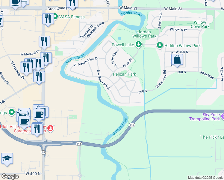 map of restaurants, bars, coffee shops, grocery stores, and more near 775 South Willow Park Drive in Lehi