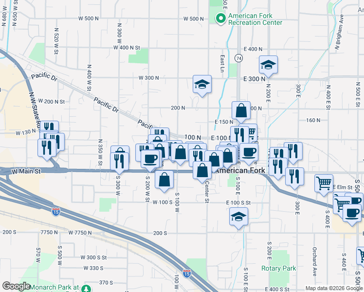 map of restaurants, bars, coffee shops, grocery stores, and more near 86 North 100 West in American Fork