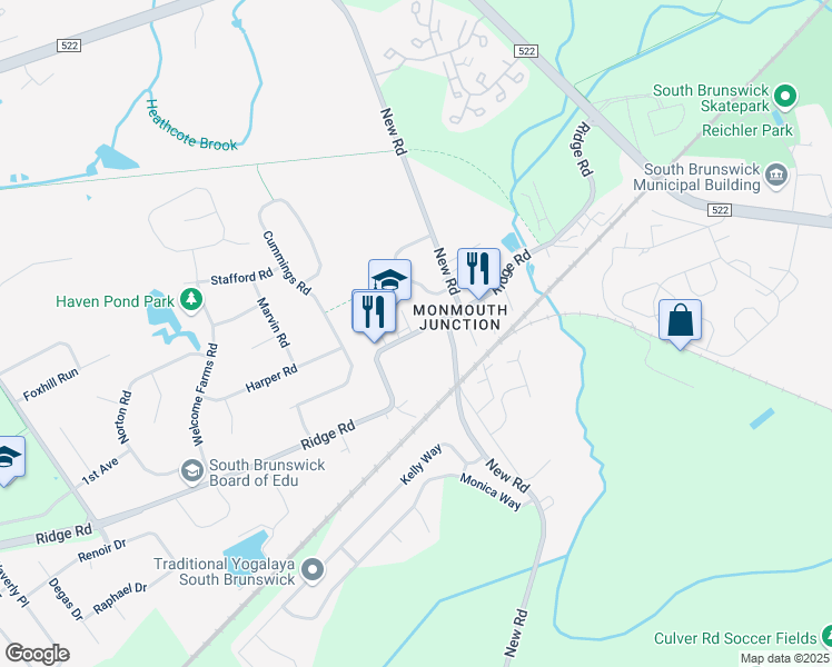 map of restaurants, bars, coffee shops, grocery stores, and more near in South Brunswick Township
