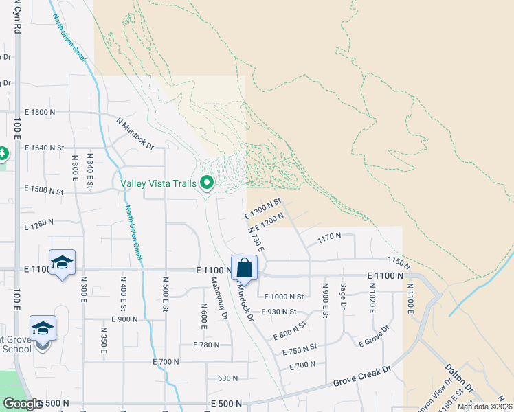 map of restaurants, bars, coffee shops, grocery stores, and more near 765 East 1300 North Street in Pleasant Grove