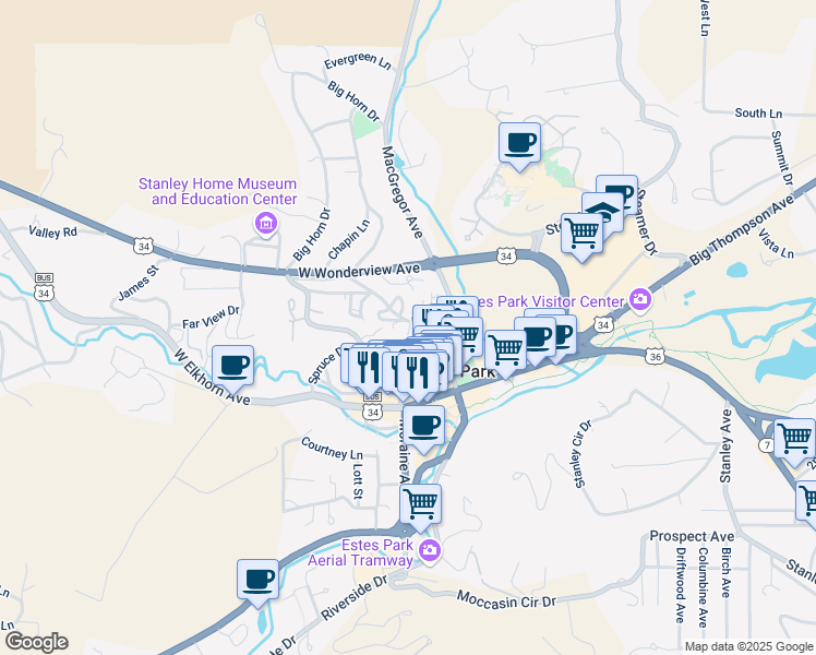 map of restaurants, bars, coffee shops, grocery stores, and more near 249 Virginia Drive in Estes Park