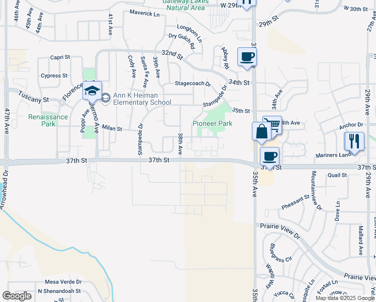 map of restaurants, bars, coffee shops, grocery stores, and more near 3758 Ponderosa Court in Evans