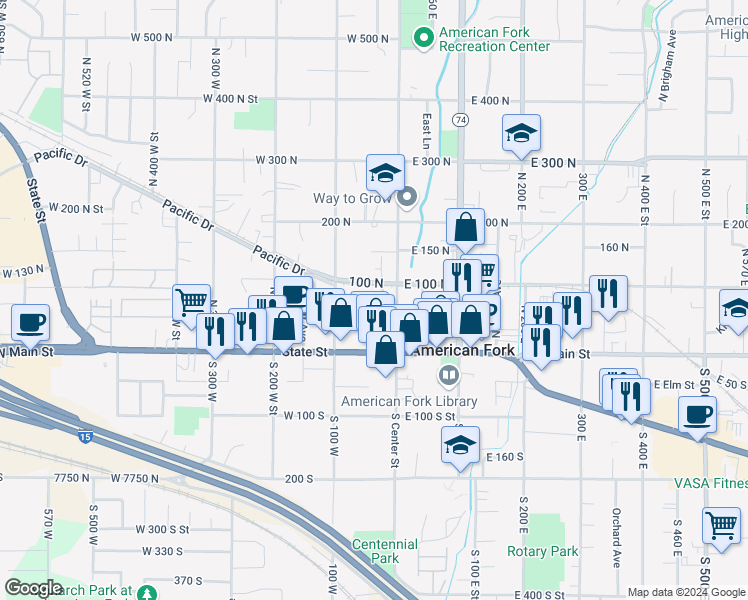 map of restaurants, bars, coffee shops, grocery stores, and more near 85 North Merchant Street in American Fork