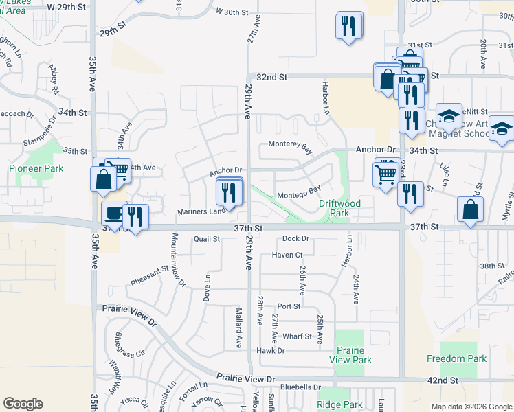 map of restaurants, bars, coffee shops, grocery stores, and more near 2901 37th Street in Evans
