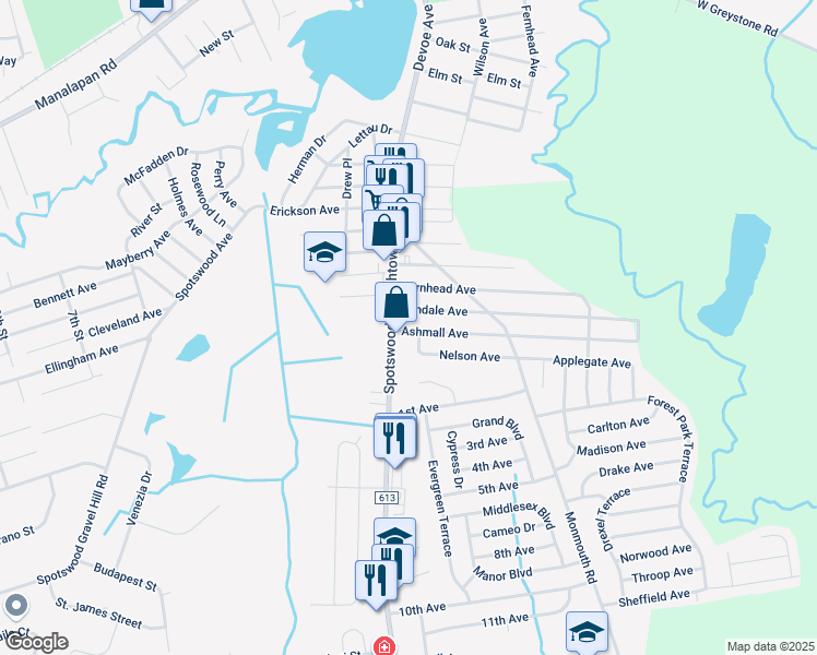 map of restaurants, bars, coffee shops, grocery stores, and more near 13 Ashmall Avenue in Monroe Township