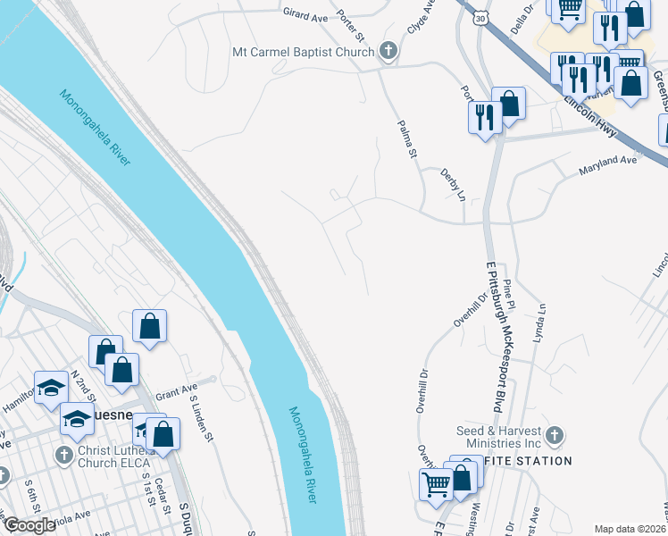 map of restaurants, bars, coffee shops, grocery stores, and more near 805 Westbury Rd in North Versailles