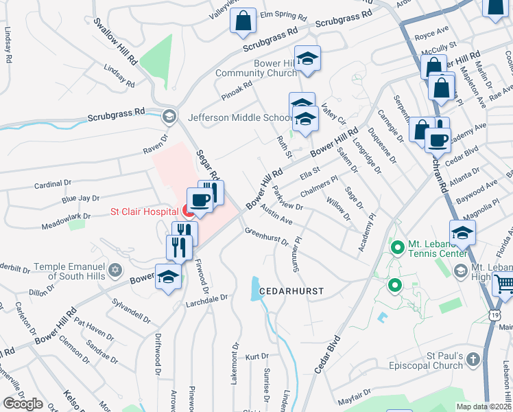 map of restaurants, bars, coffee shops, grocery stores, and more near 400 Austin Ave in Pittsburgh
