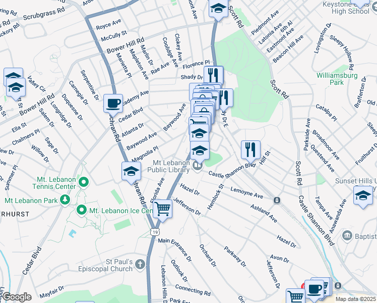 map of restaurants, bars, coffee shops, grocery stores, and more near 774 Washington Road in Mount Lebanon