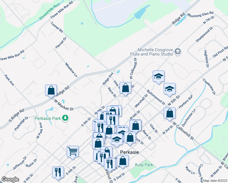 map of restaurants, bars, coffee shops, grocery stores, and more near 917 Race Street in Perkasie