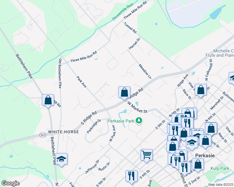 map of restaurants, bars, coffee shops, grocery stores, and more near 2 Cedar Ridge Court in Perkasie