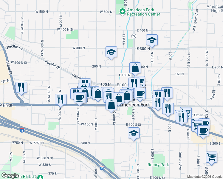 map of restaurants, bars, coffee shops, grocery stores, and more near 85 North Merchant Street in American Fork