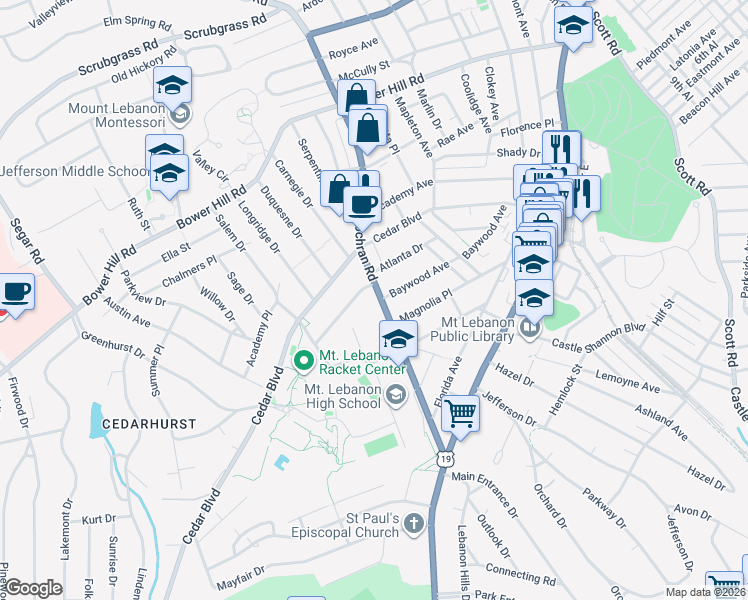 map of restaurants, bars, coffee shops, grocery stores, and more near 227 Cochran Road in Pittsburgh