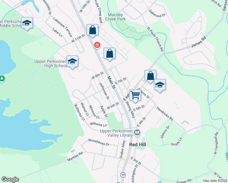 map of restaurants, bars, coffee shops, grocery stores, and more near 629 Main Street in Red Hill