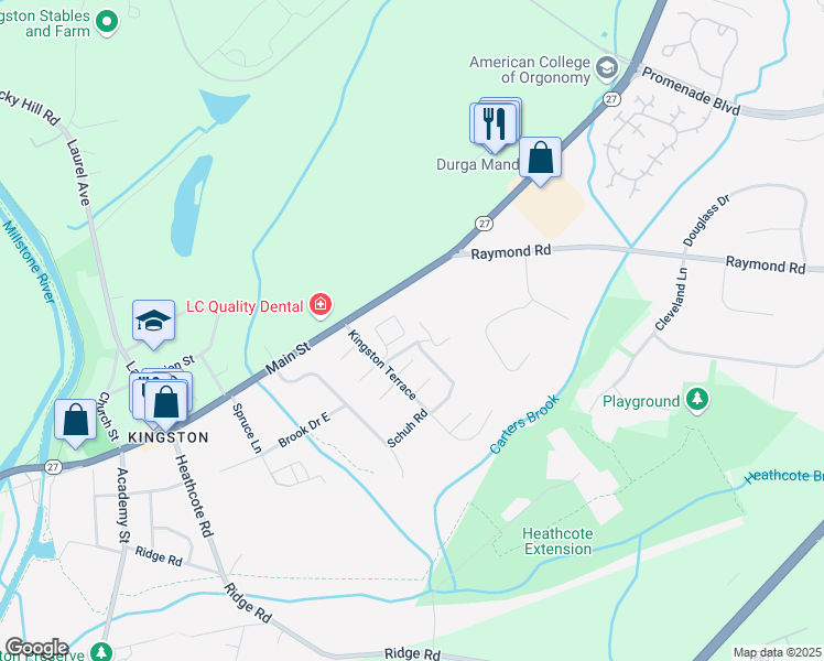 map of restaurants, bars, coffee shops, grocery stores, and more near 20 Fair Acres Court in Princeton