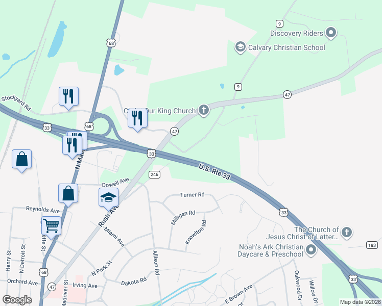 map of restaurants, bars, coffee shops, grocery stores, and more near 1261-1399 Co Highway 9 in Bellefontaine