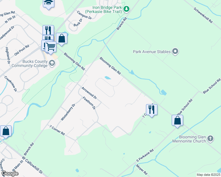 map of restaurants, bars, coffee shops, grocery stores, and more near 111 Bridgeview Drive in Perkasie
