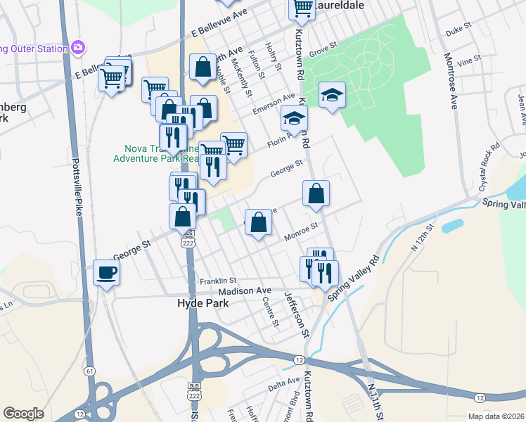 map of restaurants, bars, coffee shops, grocery stores, and more near 121 Girard Avenue in Reading