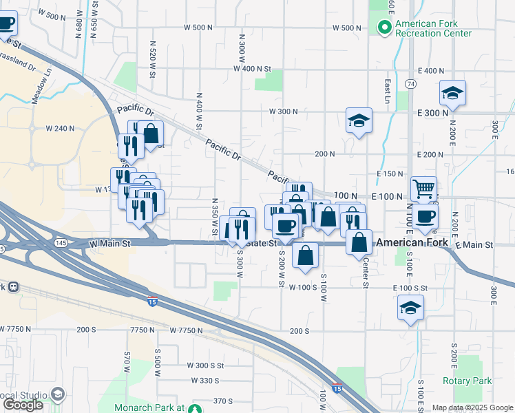 map of restaurants, bars, coffee shops, grocery stores, and more near 275 120 North in American Fork