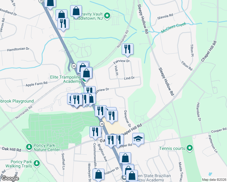 map of restaurants, bars, coffee shops, grocery stores, and more near 72 Crestview Drive in Monmouth County