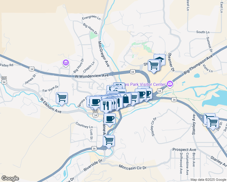 map of restaurants, bars, coffee shops, grocery stores, and more near 214 Virginia Drive in Estes Park