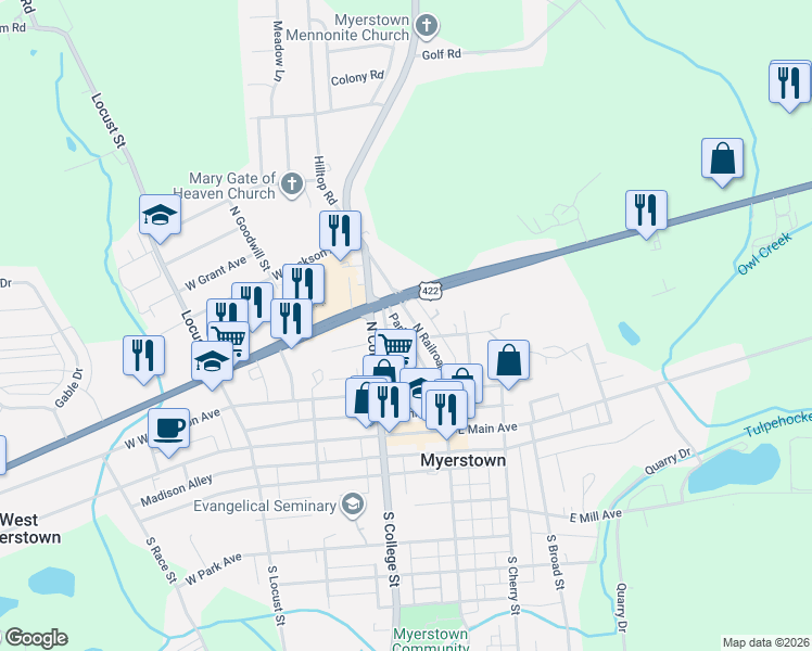 map of restaurants, bars, coffee shops, grocery stores, and more near 205 North Railroad Street in Myerstown