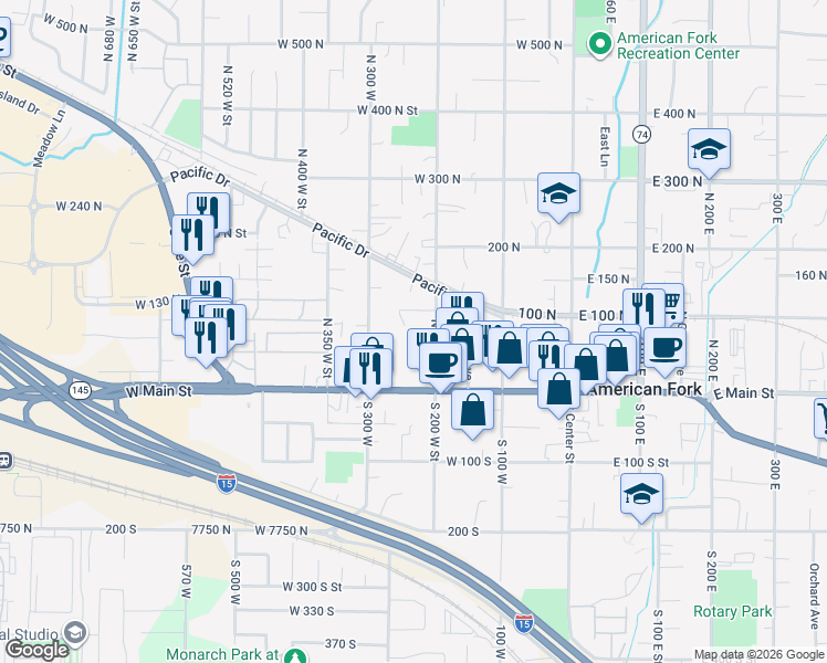 map of restaurants, bars, coffee shops, grocery stores, and more near 84 86 88 North 250 West in American Fork