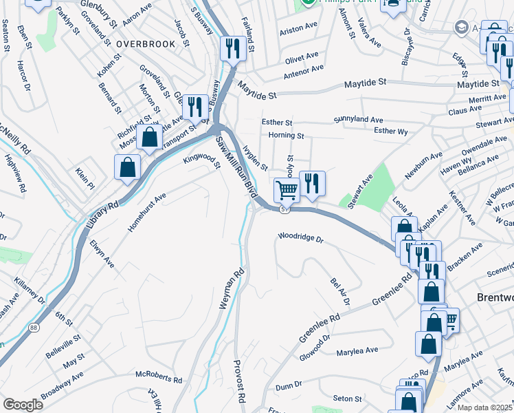 map of restaurants, bars, coffee shops, grocery stores, and more near 2648 Saw Mill Run Boulevard in Pittsburgh