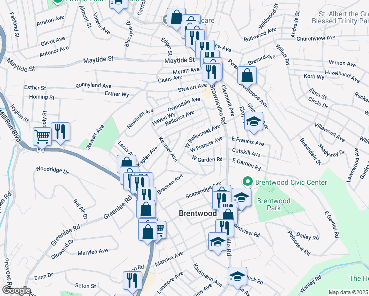map of restaurants, bars, coffee shops, grocery stores, and more near 126 West Bellecrest Avenue in Brentwood
