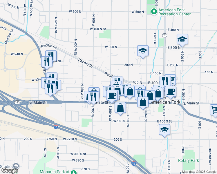 map of restaurants, bars, coffee shops, grocery stores, and more near 91 North 200 West Street in American Fork