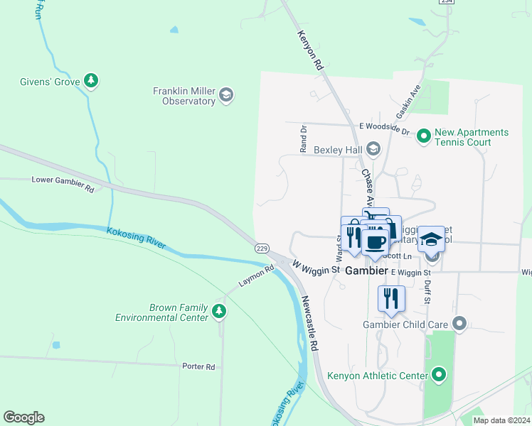 map of restaurants, bars, coffee shops, grocery stores, and more near 221 Kokosing Drive in Gambier