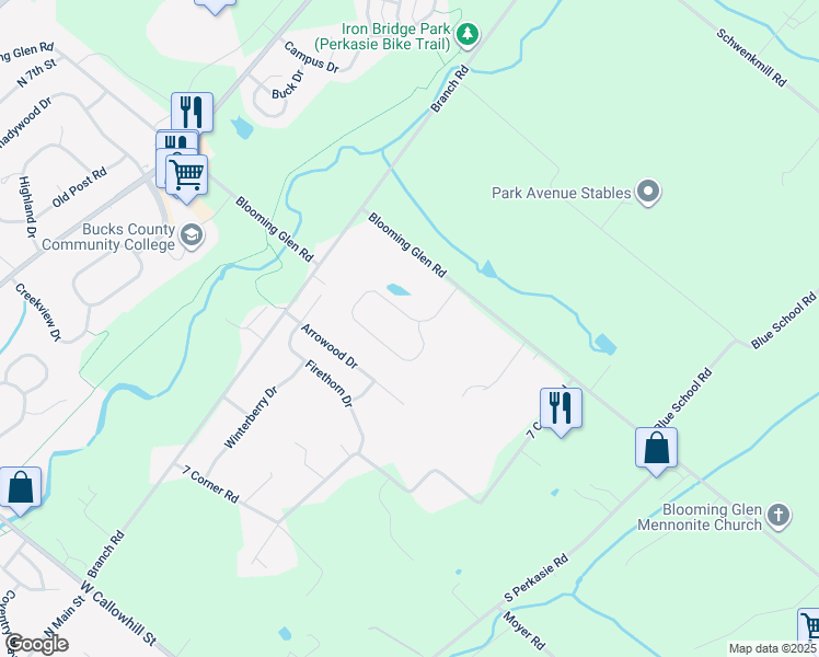map of restaurants, bars, coffee shops, grocery stores, and more near 111 Bridgeview Drive in Perkasie