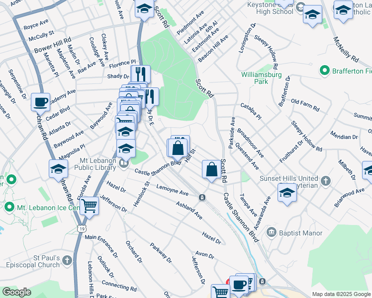 map of restaurants, bars, coffee shops, grocery stores, and more near 189 Birch Avenue in Pittsburgh