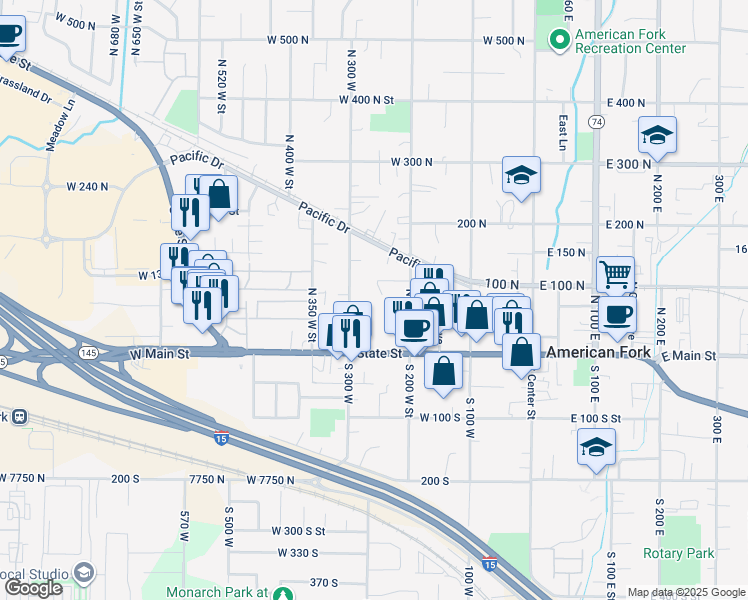 map of restaurants, bars, coffee shops, grocery stores, and more near 275 120 North in American Fork