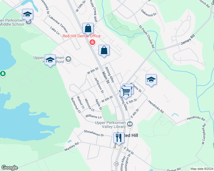 map of restaurants, bars, coffee shops, grocery stores, and more near 629 Main Street in Red Hill