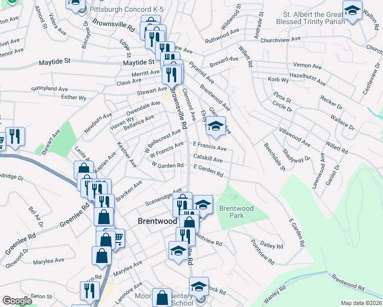 map of restaurants, bars, coffee shops, grocery stores, and more near 3222 Brownsville Road in Pittsburgh