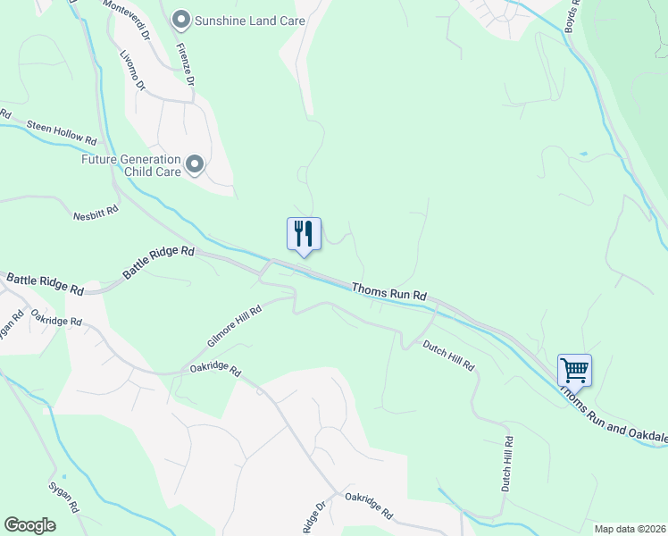 map of restaurants, bars, coffee shops, grocery stores, and more near 5027 Pittsburgh Chartiers Road in Oakdale