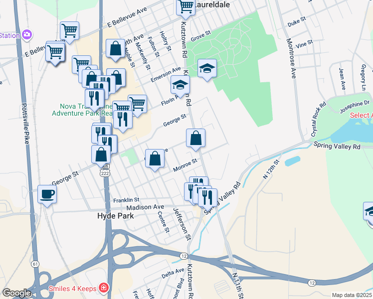 map of restaurants, bars, coffee shops, grocery stores, and more near 515 Pennsylvania Avenue in Reading