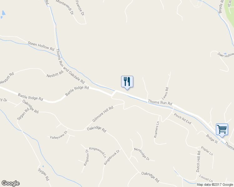 map of restaurants, bars, coffee shops, grocery stores, and more near 5014 Thoms Run Road in Oakdale