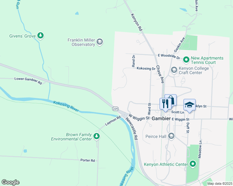 map of restaurants, bars, coffee shops, grocery stores, and more near 221 Kokosing Drive in Gambier