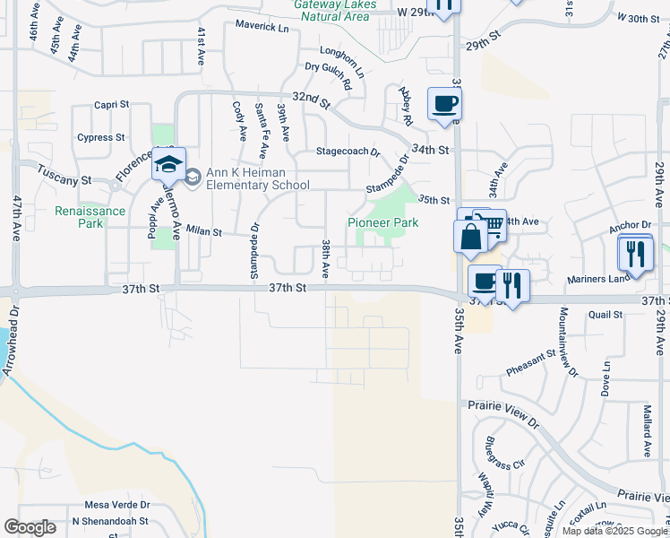 map of restaurants, bars, coffee shops, grocery stores, and more near 3764 Ponderosa Court in Evans
