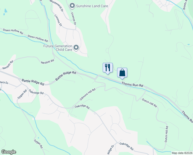 map of restaurants, bars, coffee shops, grocery stores, and more near 5014 Thoms Run Road in Oakdale