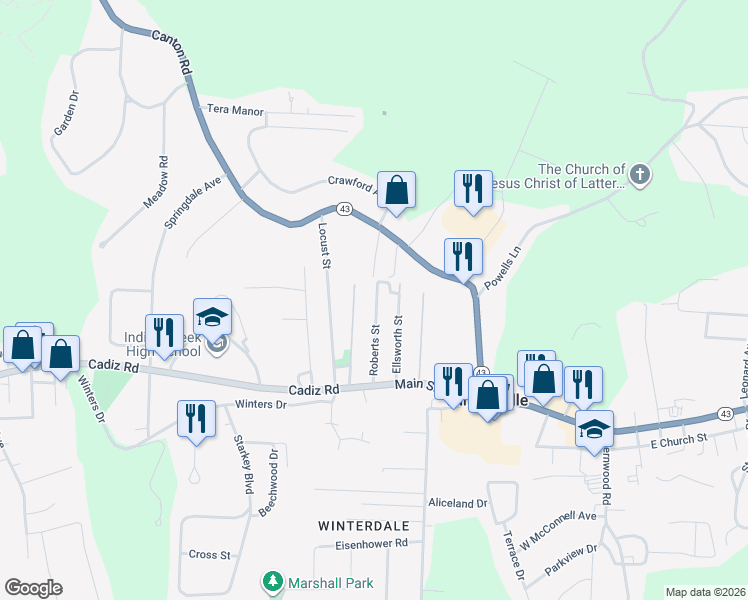 map of restaurants, bars, coffee shops, grocery stores, and more near 125 Walnut Street in Steubenville