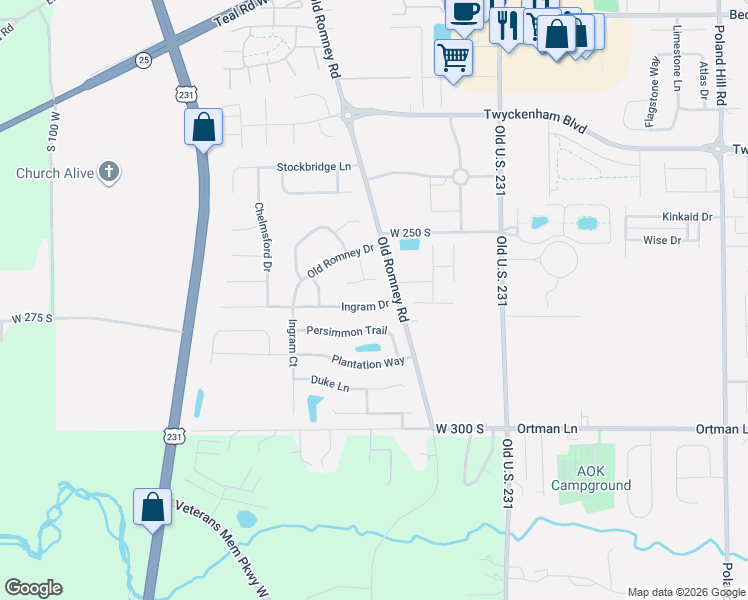 map of restaurants, bars, coffee shops, grocery stores, and more near 212 Ingram Drive in Lafayette