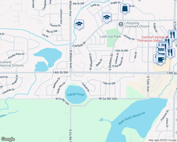 map of restaurants, bars, coffee shops, grocery stores, and more near 1355 South Edinburgh Drive in Loveland