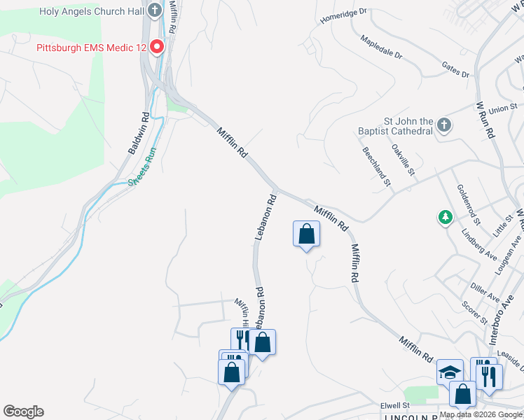map of restaurants, bars, coffee shops, grocery stores, and more near 22 Lebanon Road in Pittsburgh