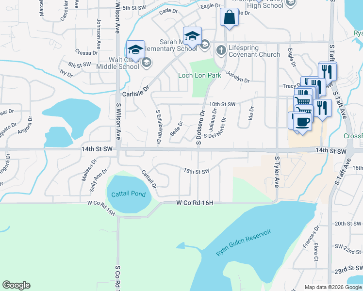 map of restaurants, bars, coffee shops, grocery stores, and more near 1324 Carlene Drive in Loveland