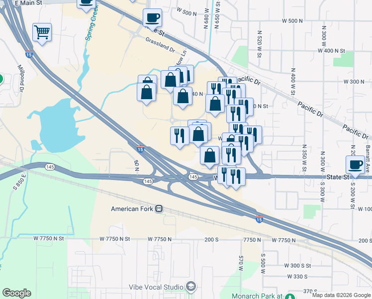 map of restaurants, bars, coffee shops, grocery stores, and more near 715 West 180 North in American Fork