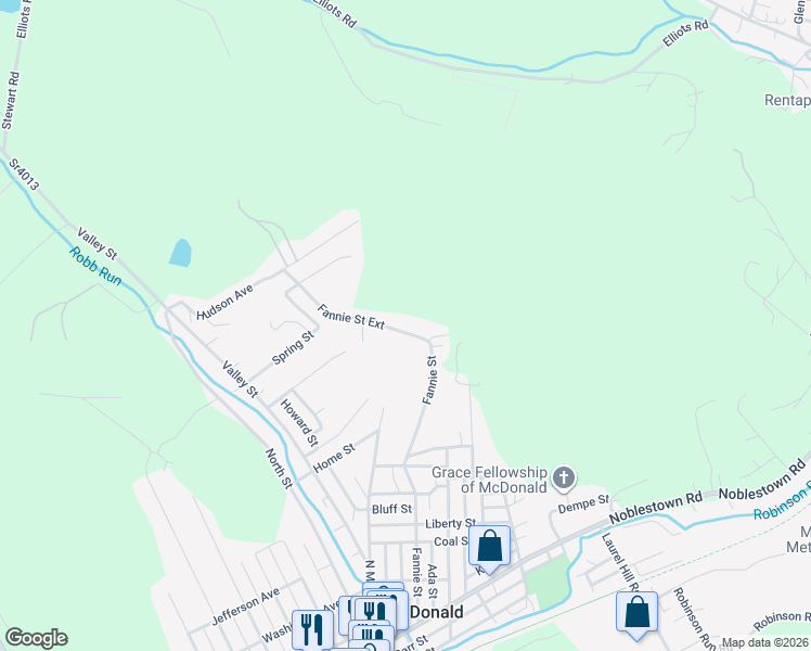 map of restaurants, bars, coffee shops, grocery stores, and more near 504 Fannie Street Extension in McDonald